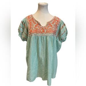 Sister Mary Embroidered Green and Orange Women's Top Size:XL